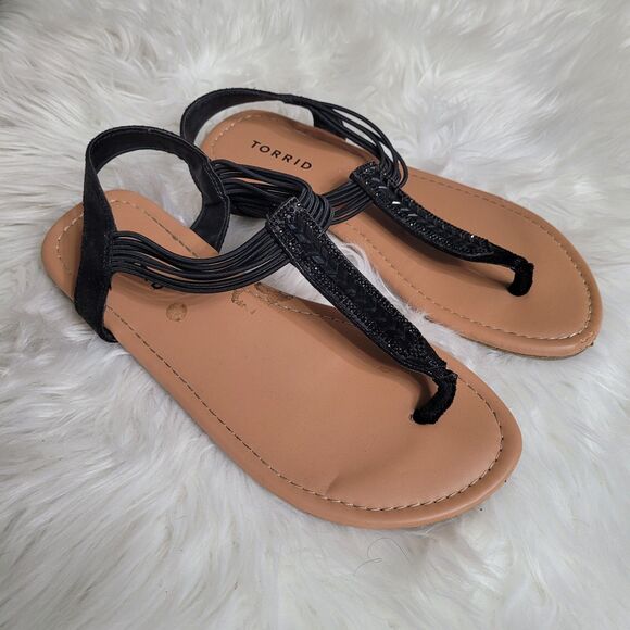 Torrid Black T-Strap Sandals Size 7.5 Studded Straps Tan Suede Footbed - Picture 1 of 6
